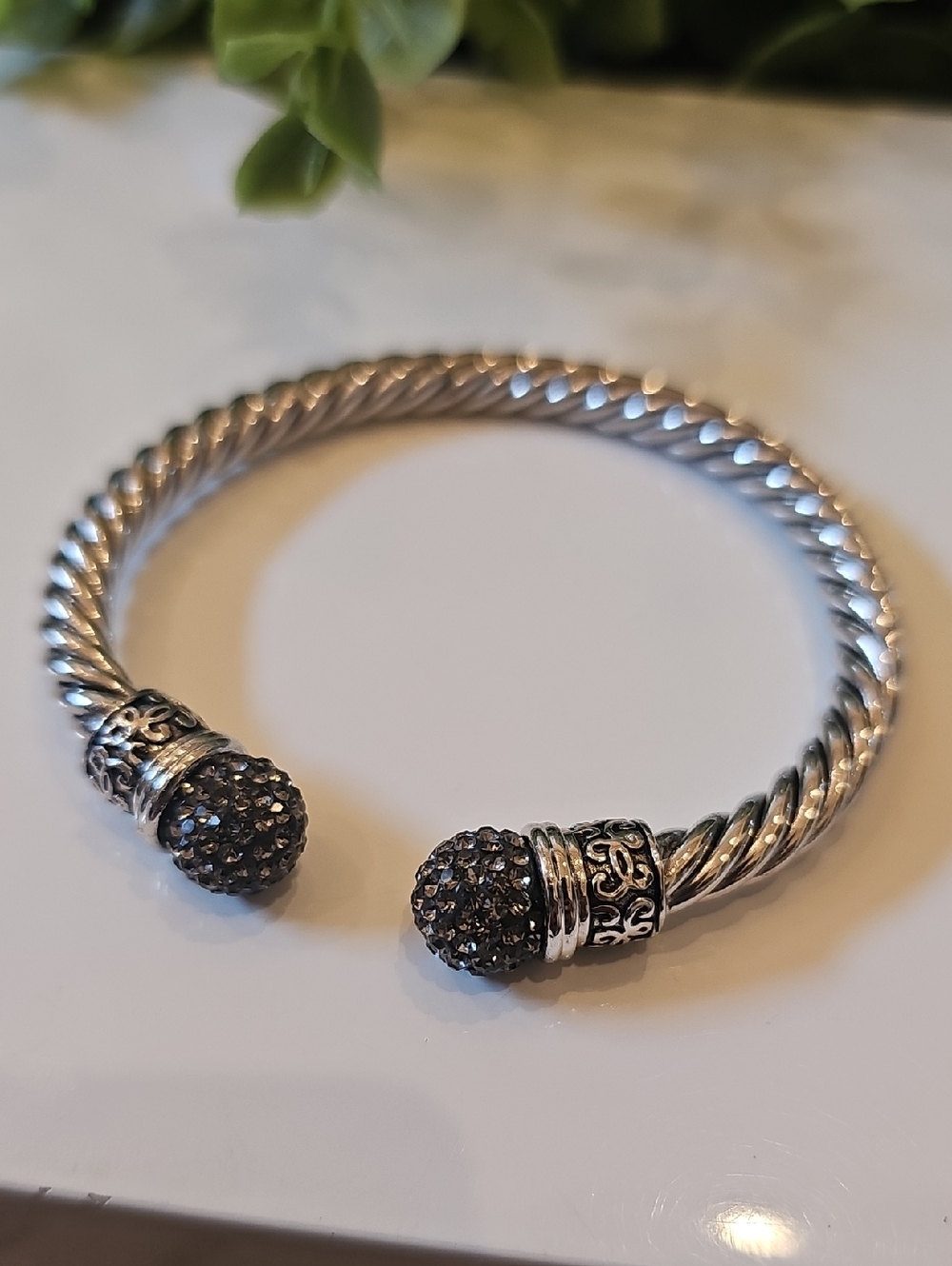 Silver-Tone Twisted Cuff Bracelet with Black Pavé End Caps New Condition